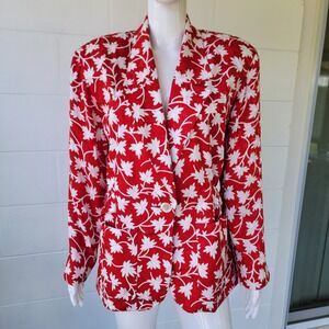 Vintage 90s Anne Klein II Blazer Red White Floral Size 10 Silk Power Suit Bold